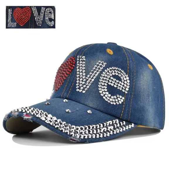 Denim Cap with Red Heart and Rhinestones (NEW) - Picture 4 of 5